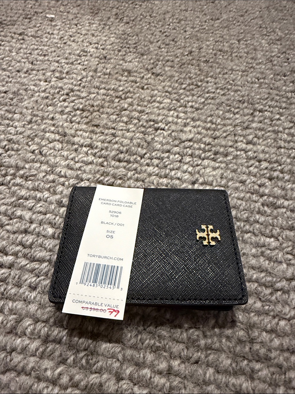 Tory Burch Black Emerson Foldable Card Case Wallet with Gold Logo